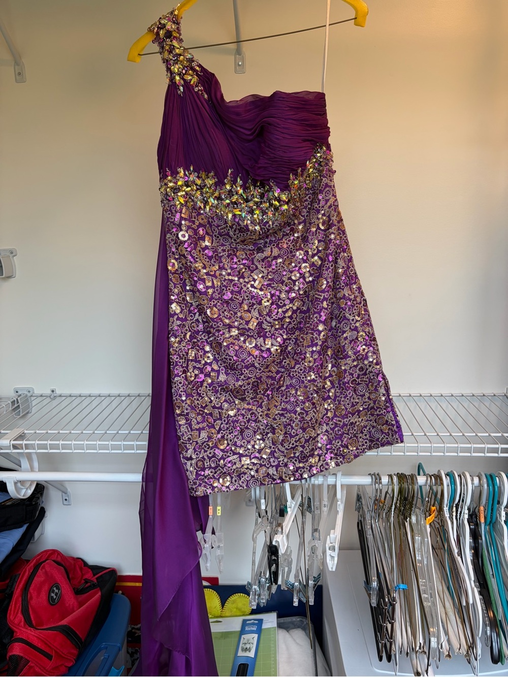 Mac Duggal One-Shoulder Purple and Gold Sequin Cocktail Dress - Picture 3 of 8
